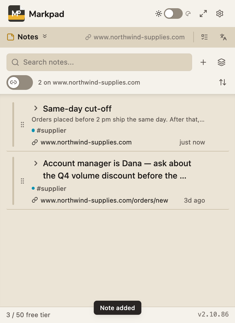 Notes for a supplier site, with the newest note on top