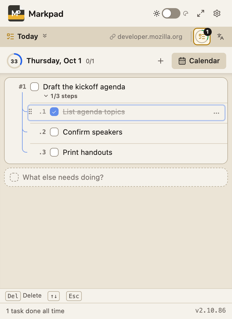 A task split into three steps, one of them ticked