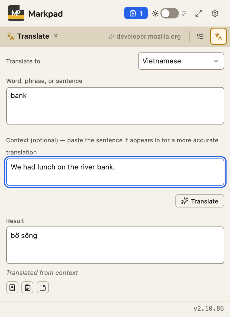 The word bank translated with the sentence around it as context