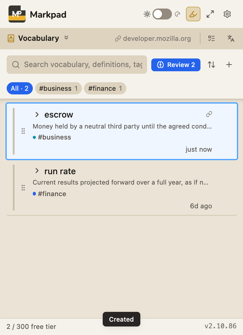 Vocabulary list with the newly saved word escrow on top