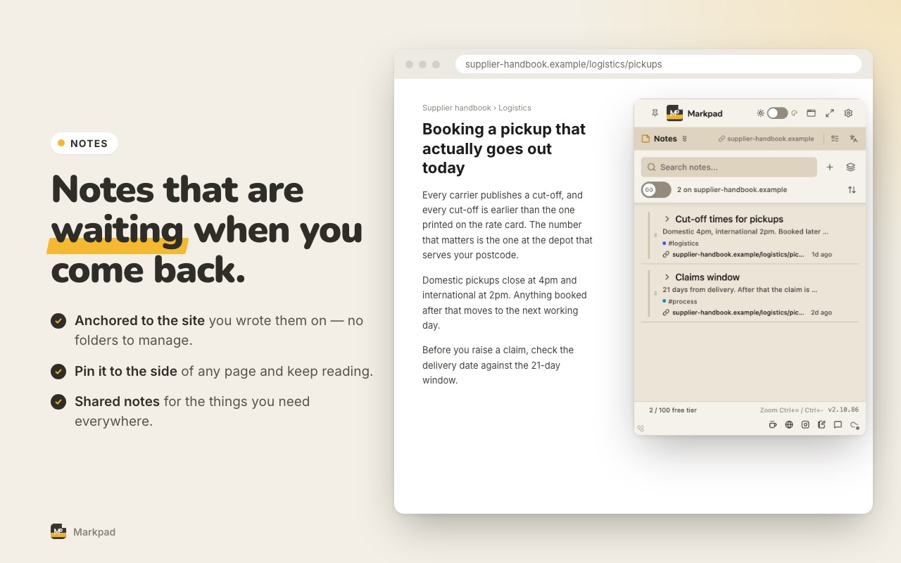 Notes: notes anchored to a site come back when you revisit it