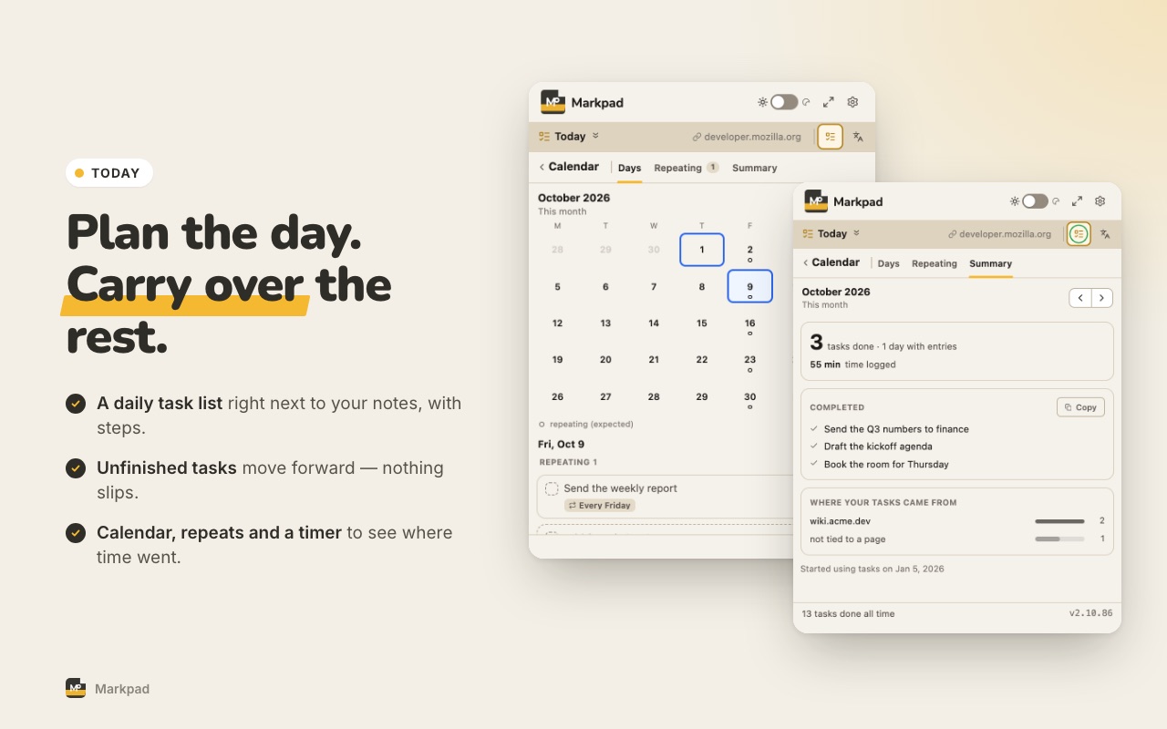 Today: a daily task list with a calendar, repeating tasks and a summary of time spent