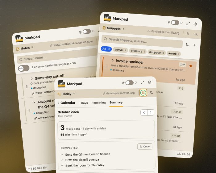 Three Markpad windows: Notes for a supplier site, Snippets with tags, and the Today calendar summary